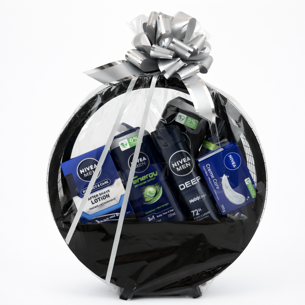 Darčekový kôš Nivea Men pre mužov obsahuje sprchovacie gély Energy, Active Clean a Sensitive, vodu po holení, penu na holenie Deep a krémové mydlo. Elegantné darčekové balenie s mašľou.
