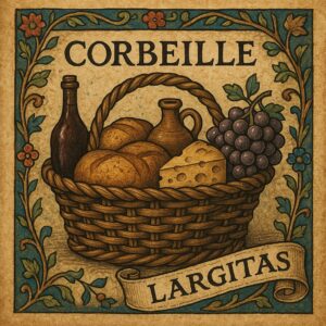 Stredoveká ilustrácia koša Corbeille plného vína, chleba, syra a hrozna s nápisom "CORBEILLE" a "LARGITAS".